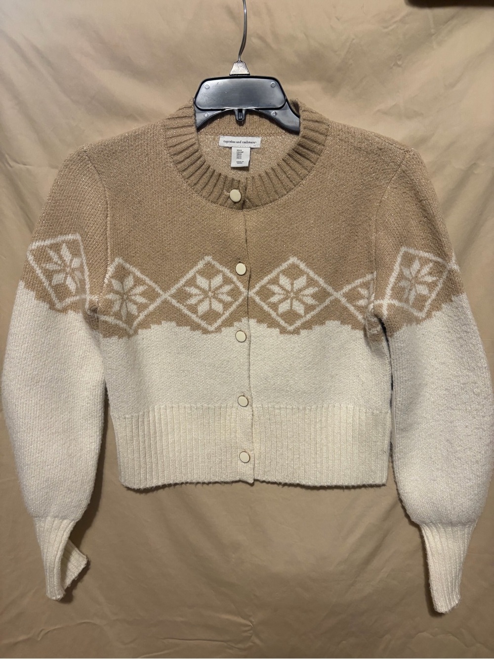 cupcakes & cashmere Camel and Cream Nordic Snowflake Cardigan